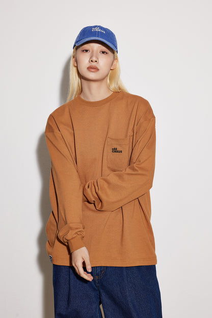Long-sleeved letter-printed round neck T-shirt with chest pocket in Khaki